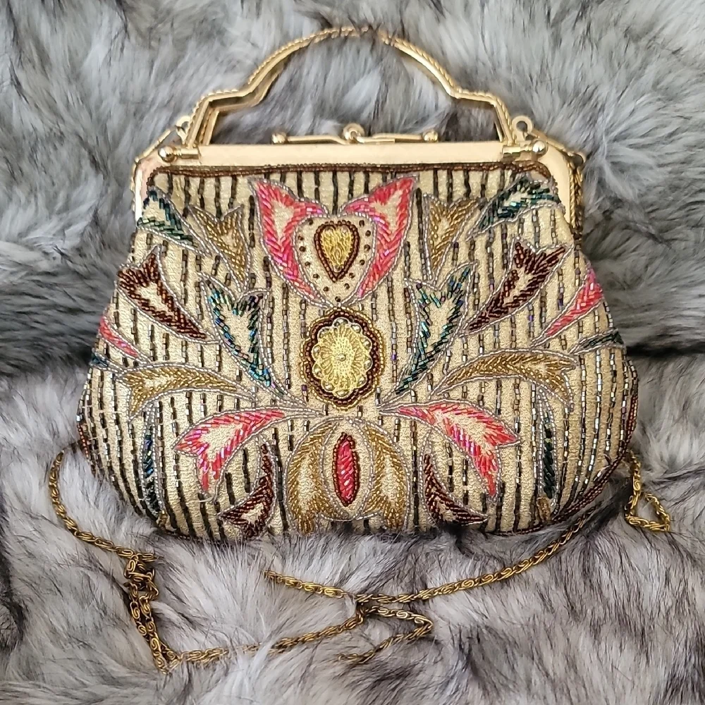 Gold and Multicolor Beaded  Women's Clutch With Crossbody Chain